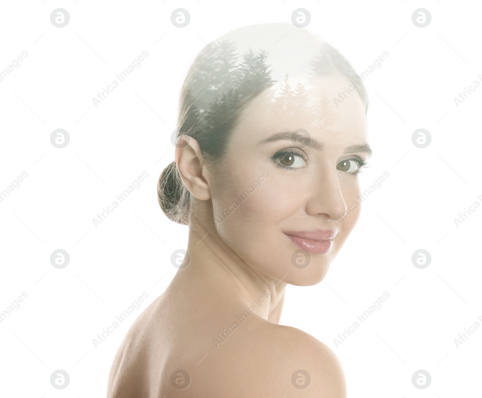 Image of Double exposure of beautiful woman and trees on white background