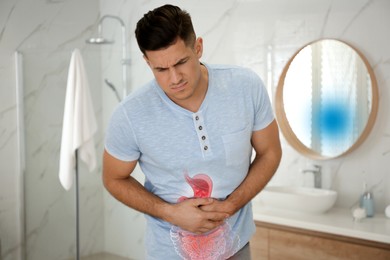 Image of Healthcare service and treatment. Man suffering from abdominal pain in bathroom. Illustration of gastrointestinal tract