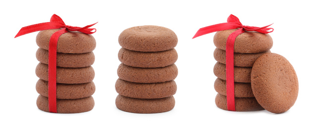 Set of delicious chocolate cookies on white background. Banner design 