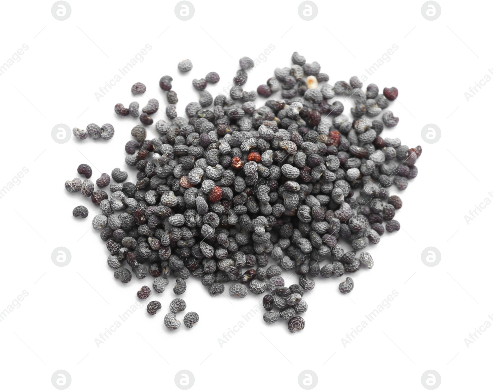 Photo of Pile of dry poppy seeds isolated on white, top view