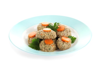 Photo of Plate of traditional Passover (Pesach) gefilte fish isolated on white