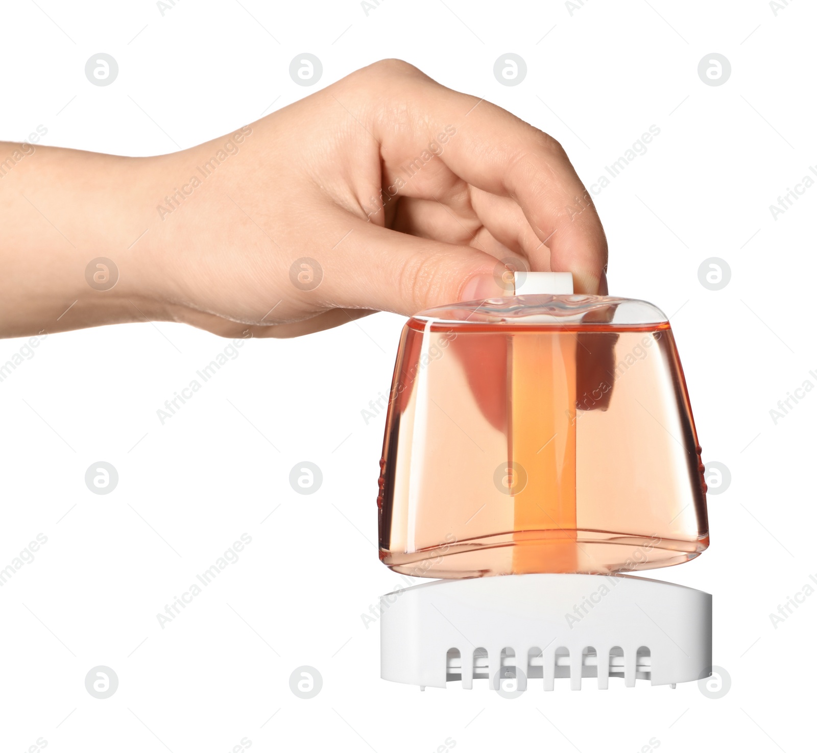 Photo of Woman holding toilet rim block cleaner on white background, closeup