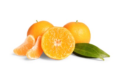 Photo of Fresh ripe juicy tangerines with green leaves isolated on white