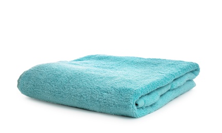 Photo of Clean soft towel on white background