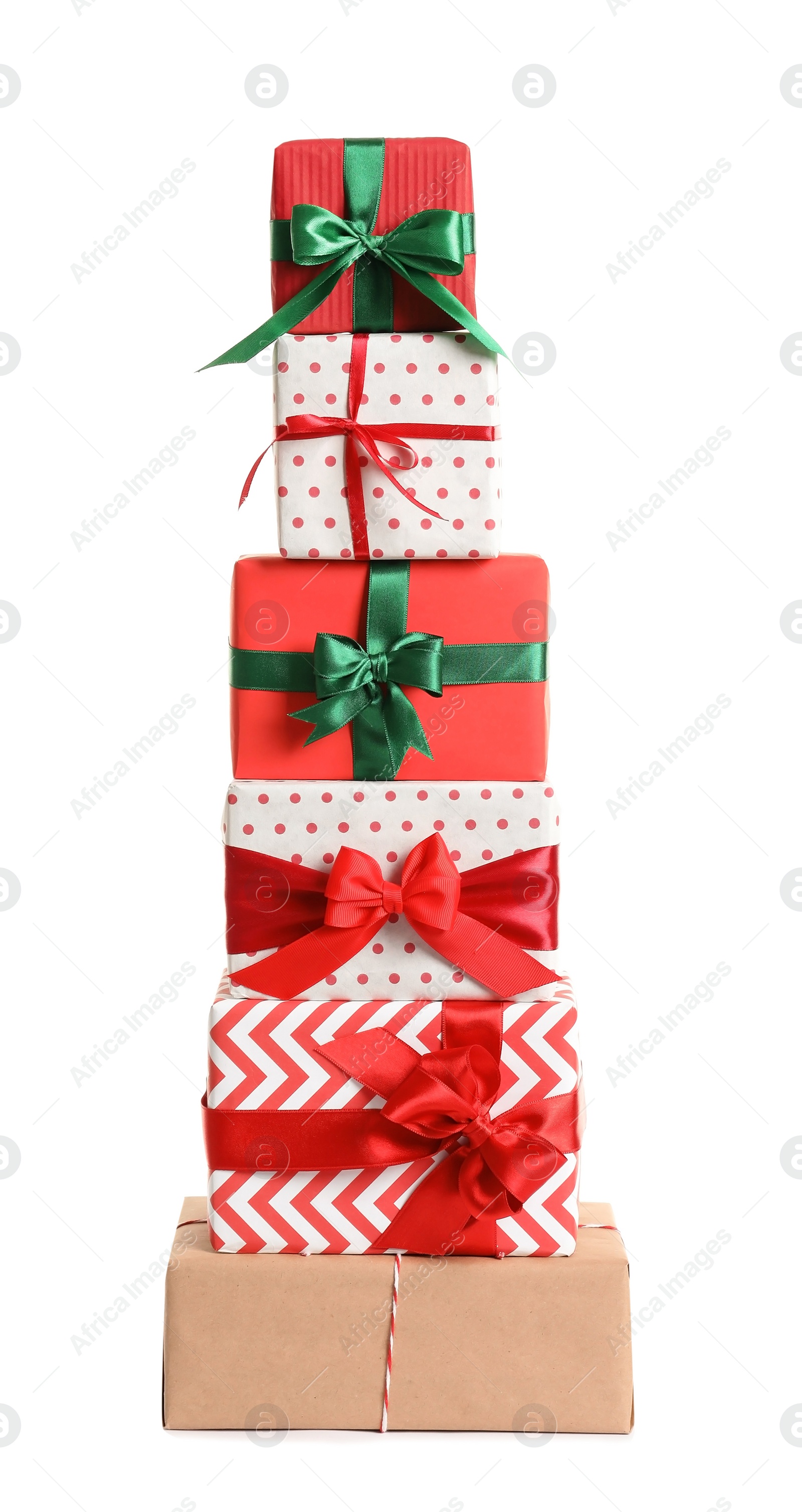 Photo of Beautifully wrapped gift boxes on white background