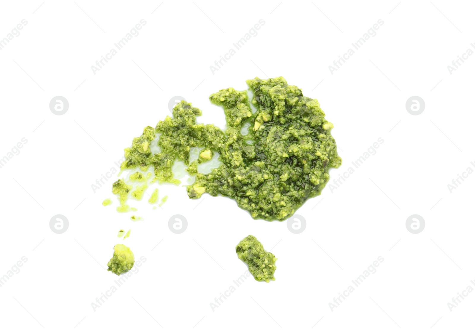 Photo of Tasty pesto sauce isolated on white, top view