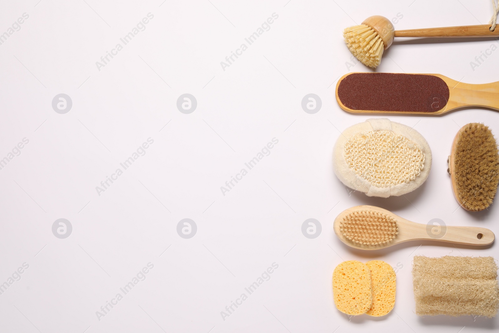 Photo of Bath accessories. Flat lay composition with personal care tools on white background, space for text