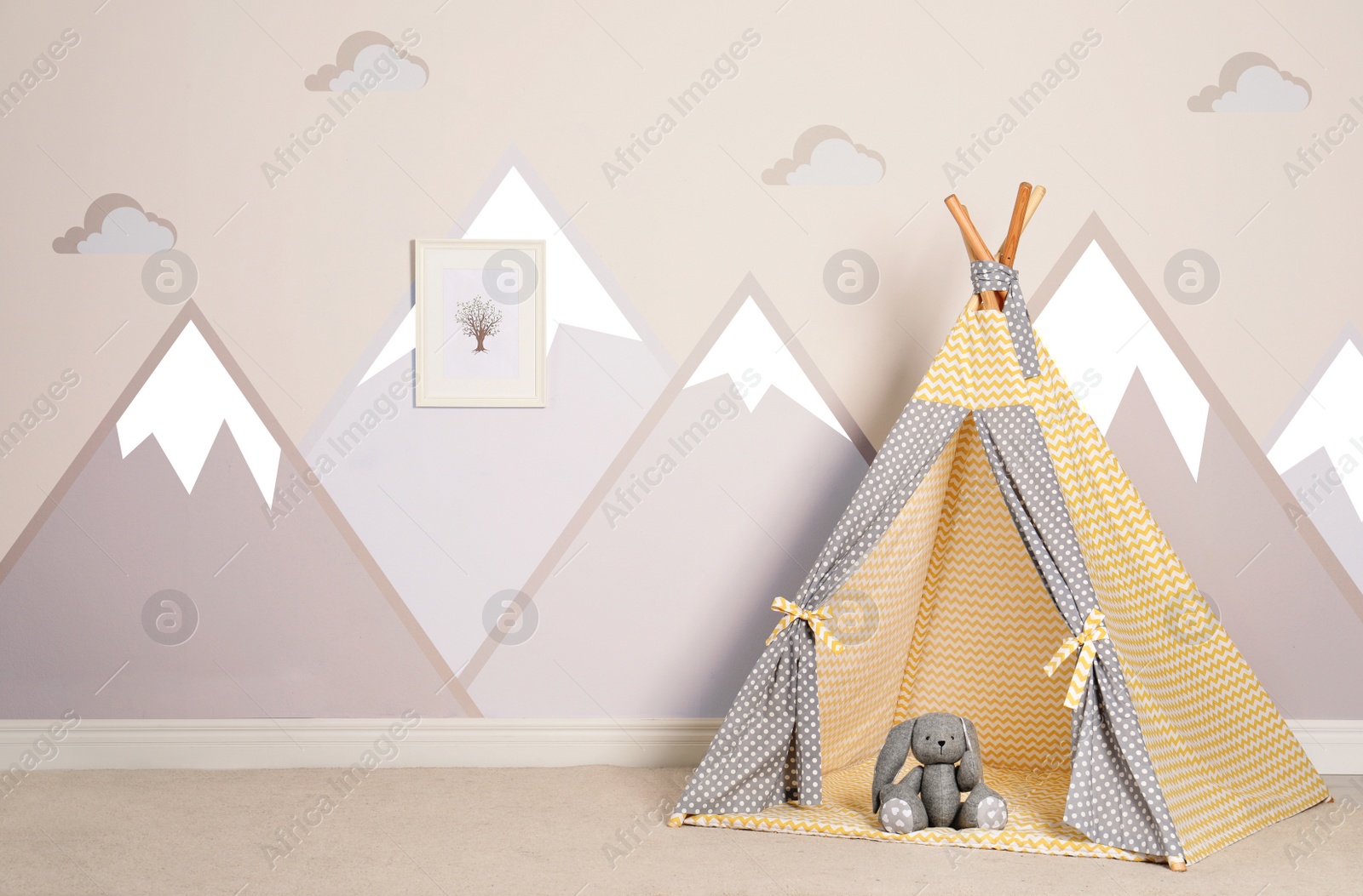 Image of Cozy child room interior with play tent 