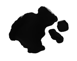 Photo of Blots of black paint on white background, top view