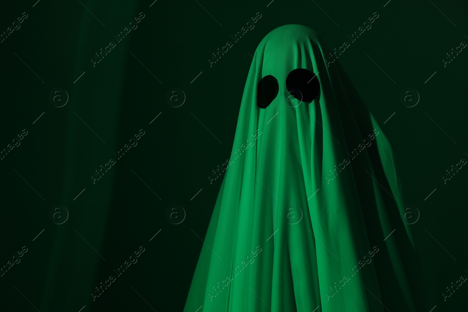 Photo of Creepy ghost. Woman covered with sheet in green light, space for text