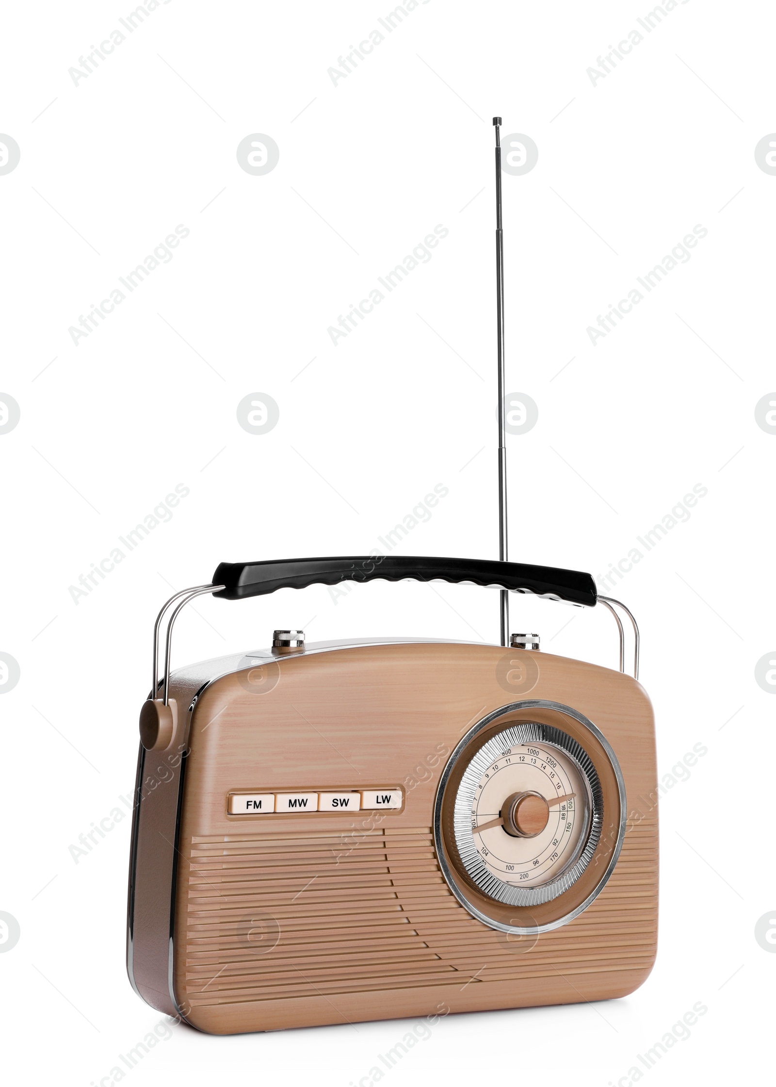 Photo of Beige retro radio receiver isolated on white