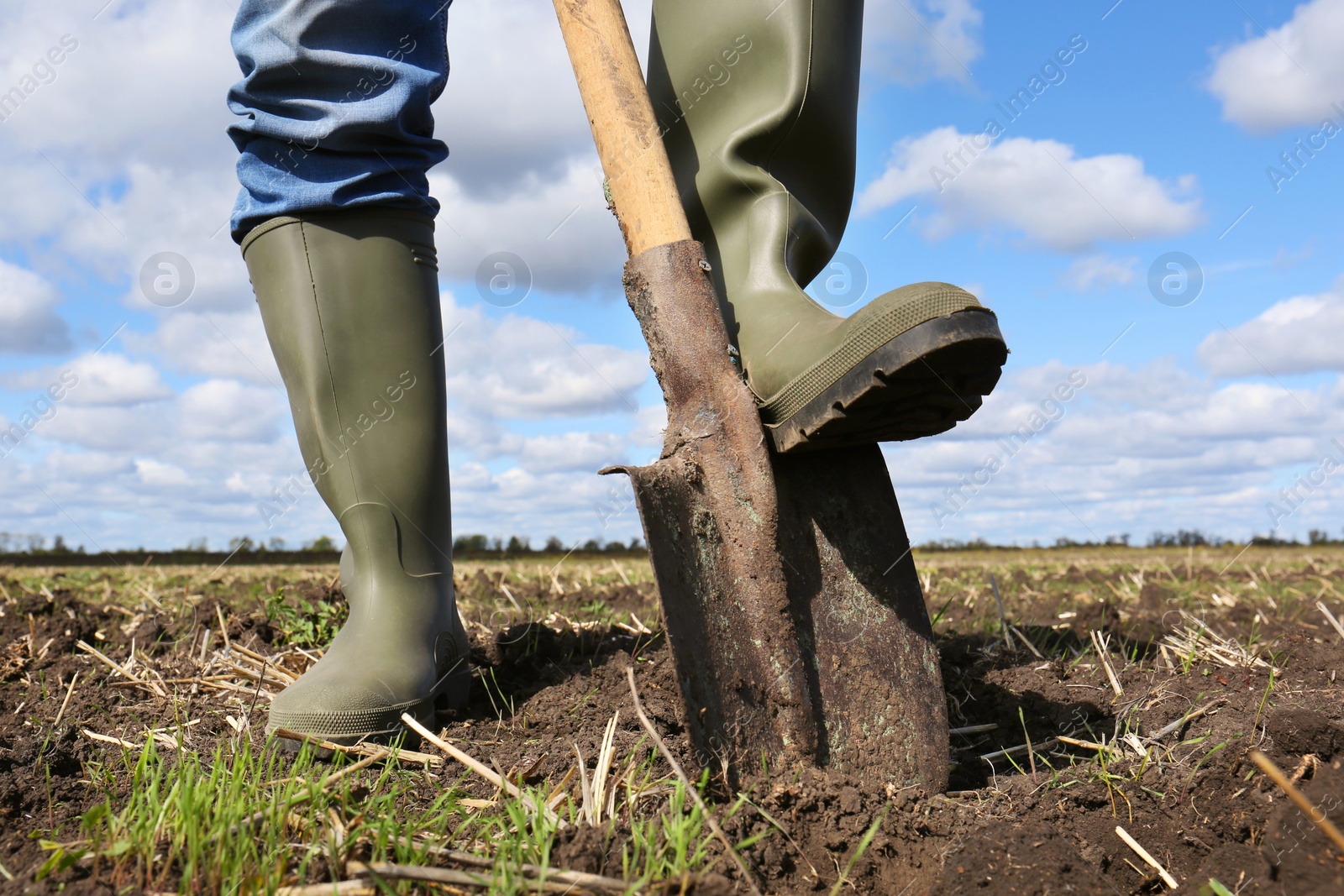 Photo of Man digging soil with shovel in field, closeup