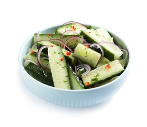 Photo of Delicious cucumber salad with onion in bowl on white background