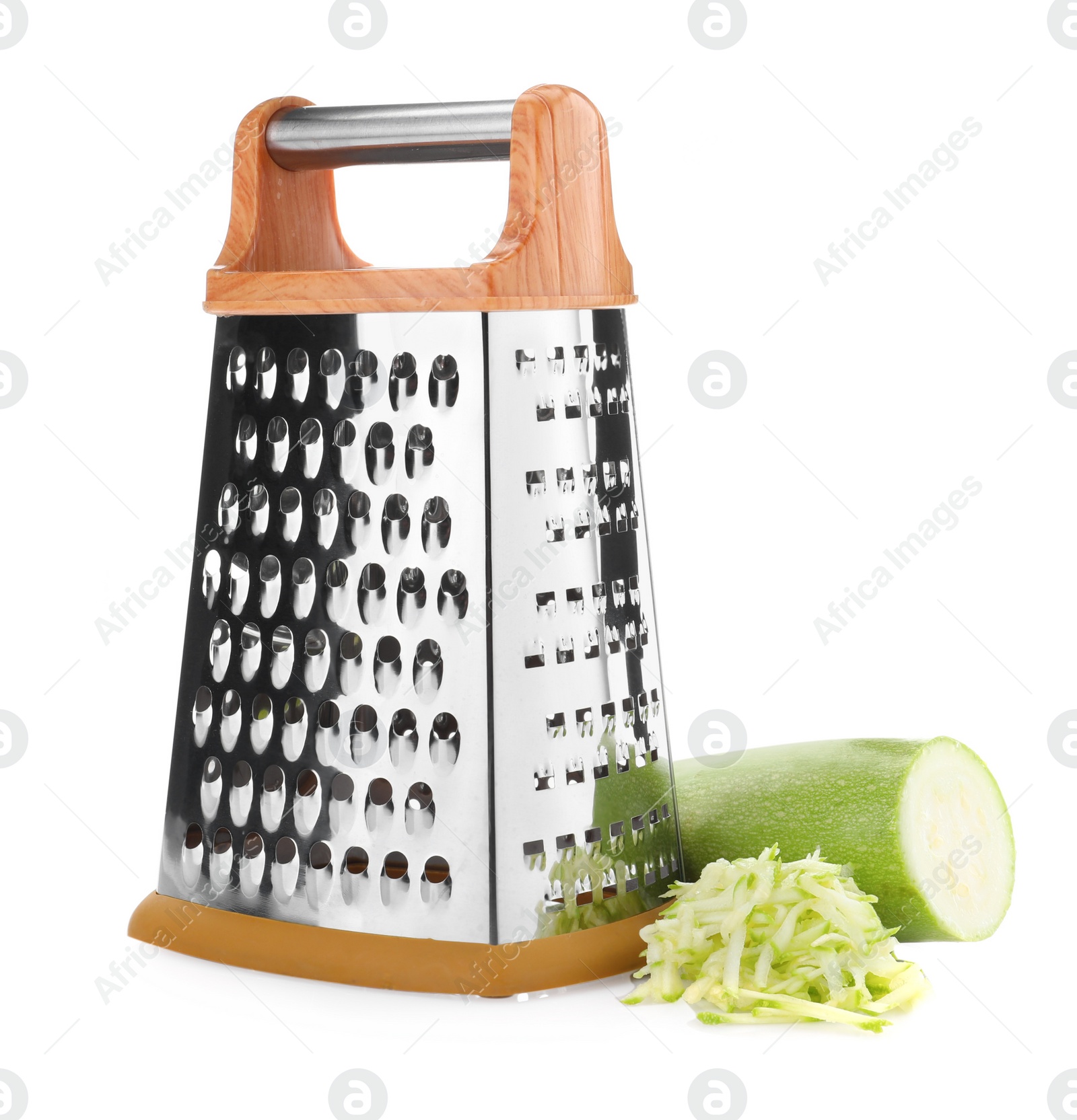 Photo of Stainless steel grater and fresh squash on white background