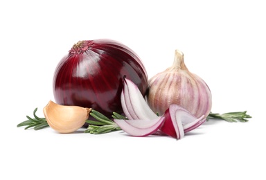 Photo of Garlic, onion and rosemary on white background