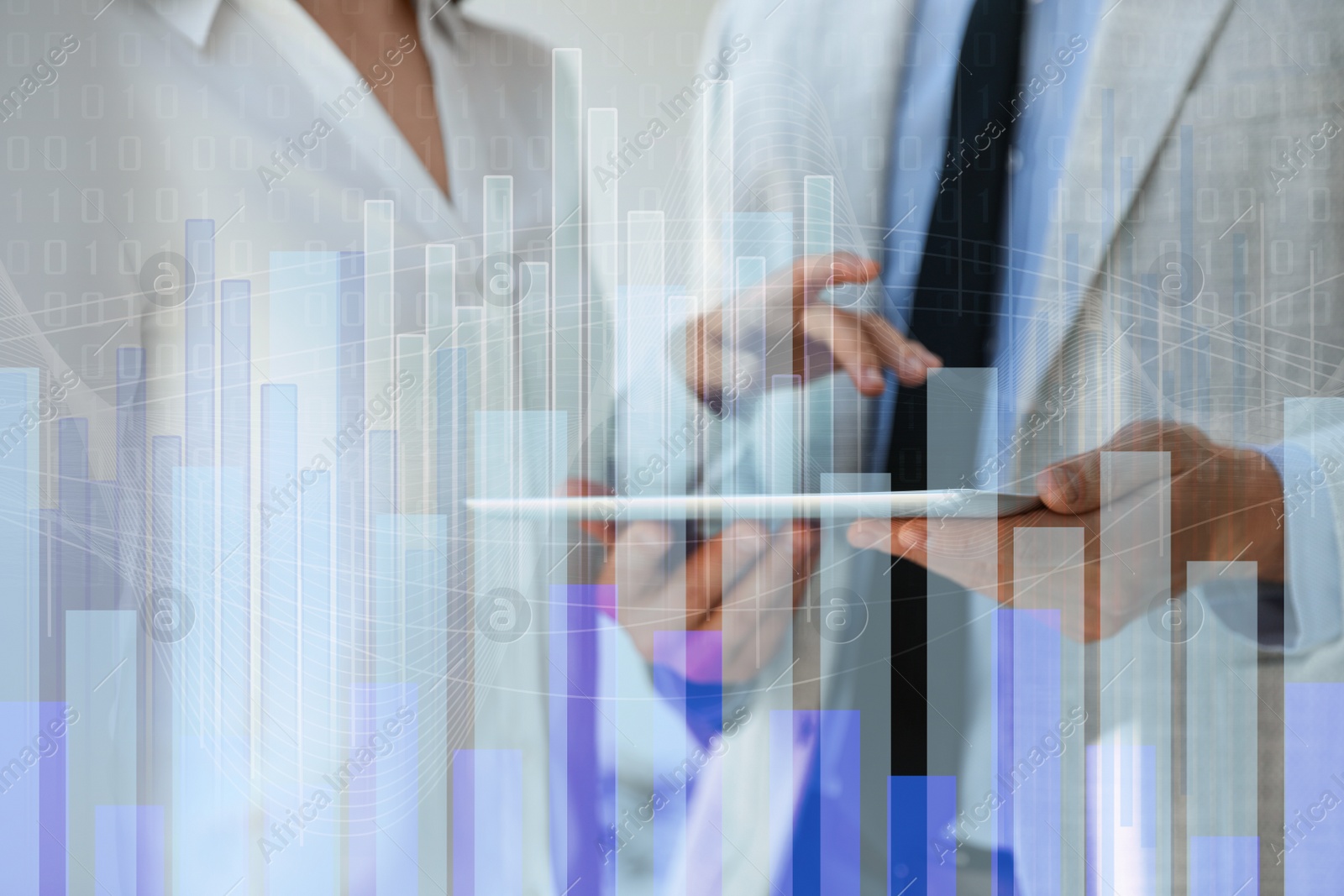 Image of Forex trading. Double exposure of charts and people using tablet computer, closeup