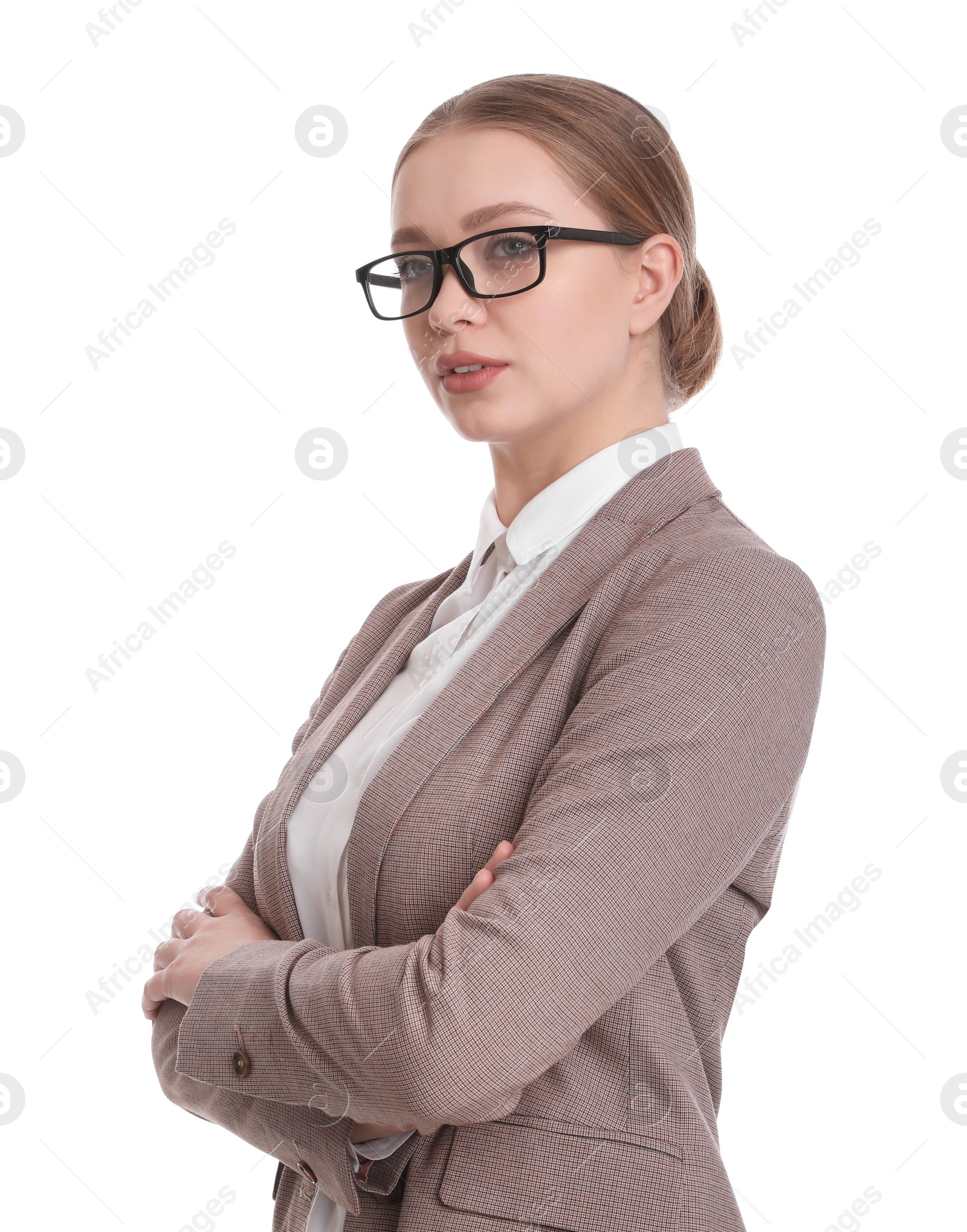 Photo of Portrait of young businesswoman on white background