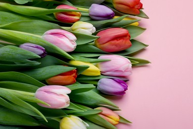 Photo of Beautiful colorful tulips on pale pink background
