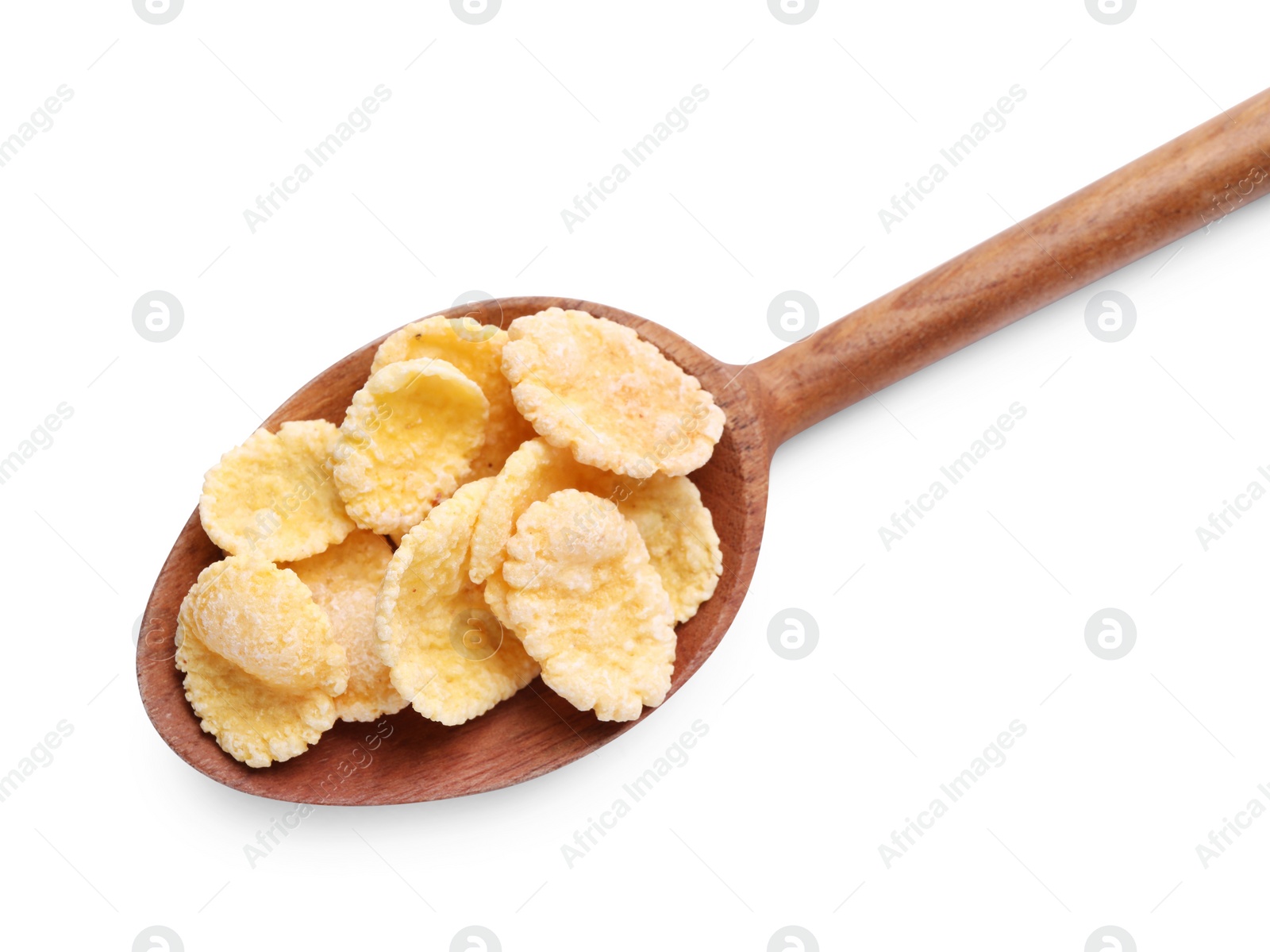 Photo of Wooden spoon of tasty crispy corn flakes on white background, top view