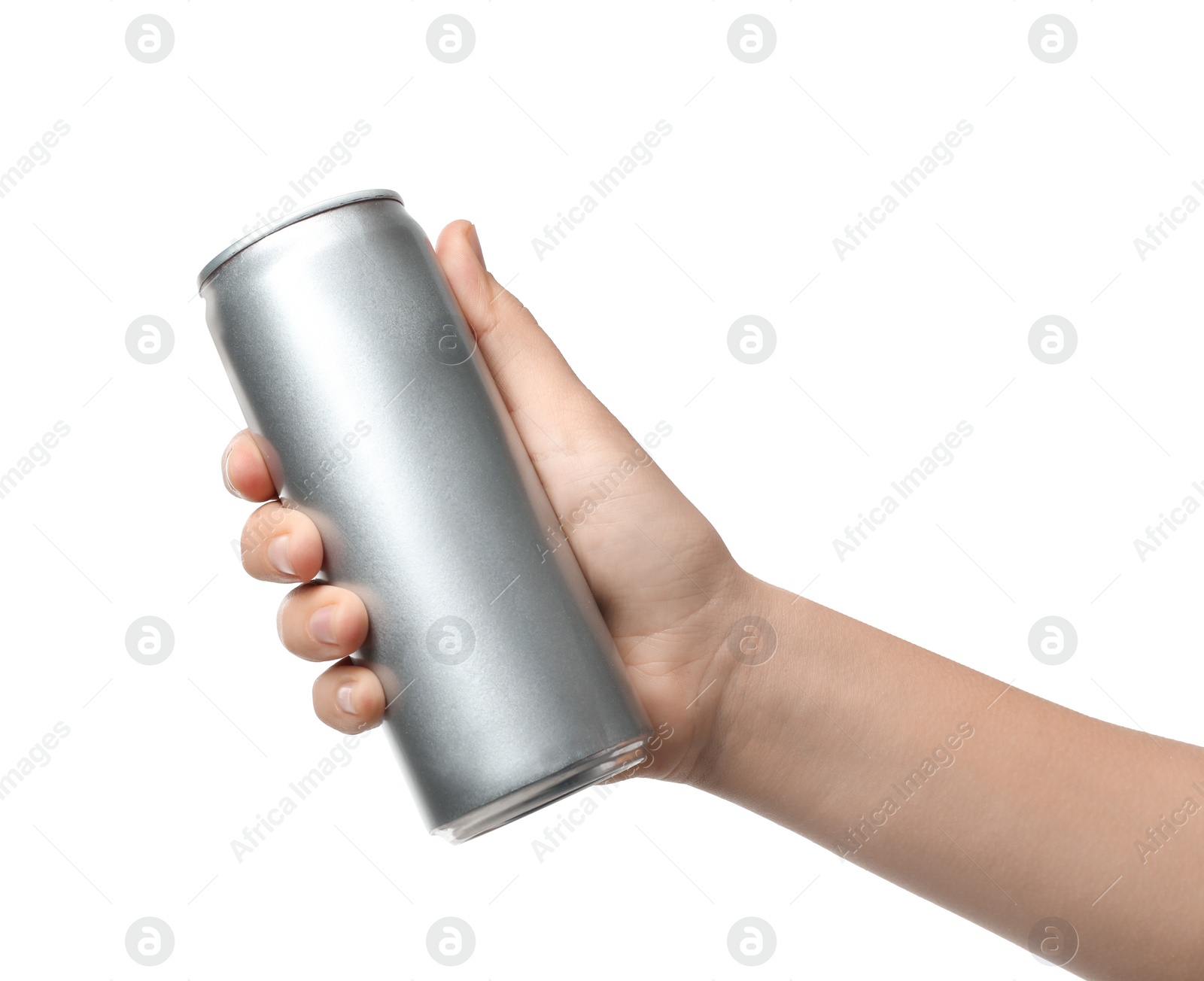 Photo of Woman holding aluminum can with beverage on white background, closeup. Mockup for design