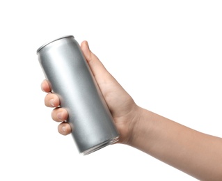 Woman holding aluminum can with beverage on white background, closeup. Mockup for design