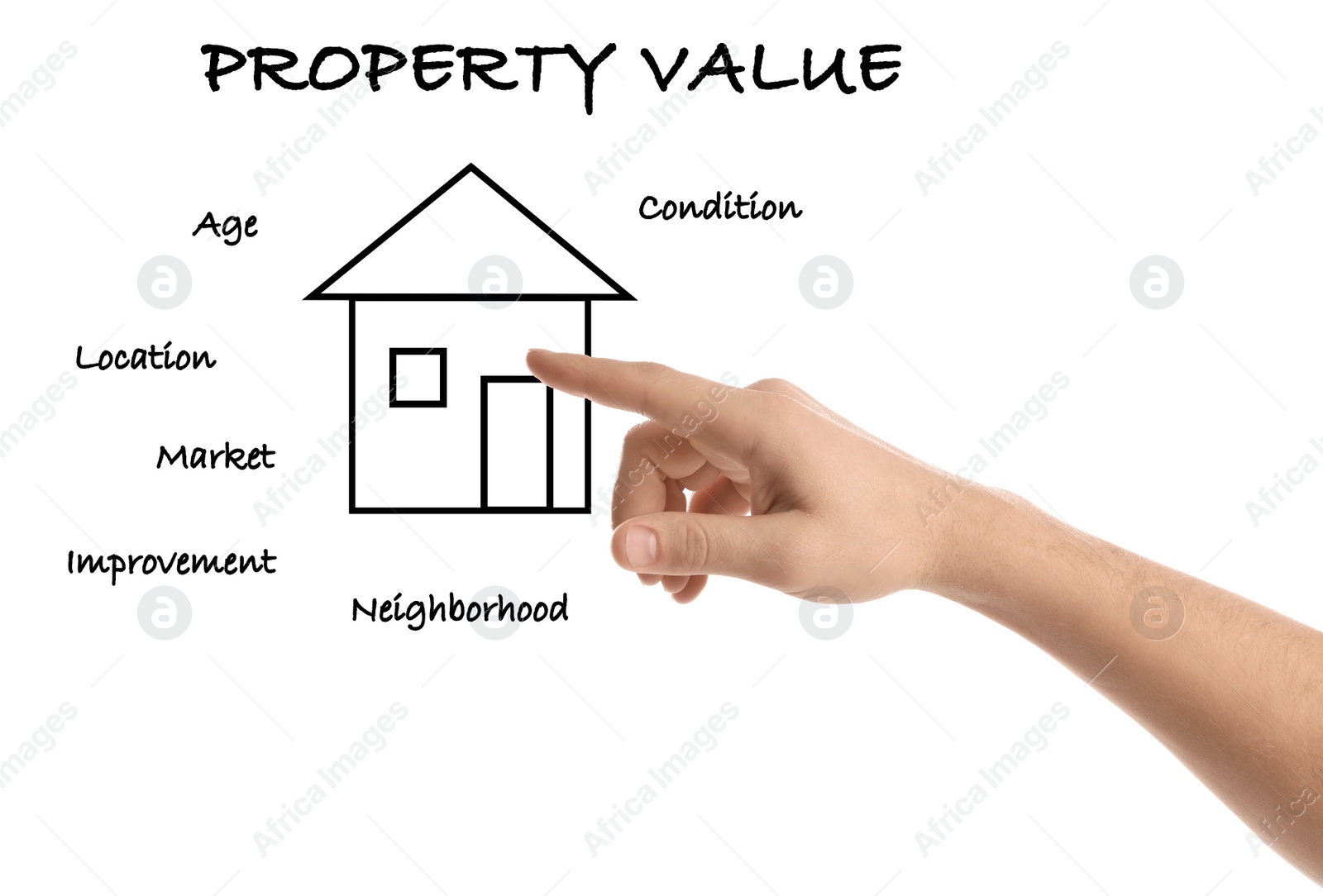 Image of Real estate agent showing house illustration on white background, closeup. Property value concept