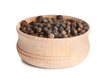 Photo of Bowl of black peppercorns isolated on white
