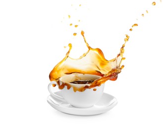 Cup with splashing coffee isolated on white