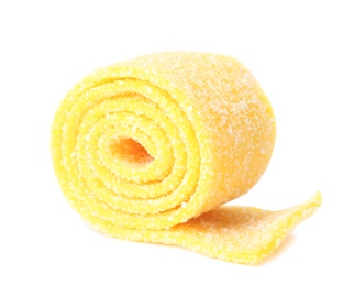 Photo of Delicious colorful chewing candy on white background