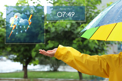 Image of Woman with colorful umbrella outdoors on rainy day and weather forecast widgets, closeup. Mobile application