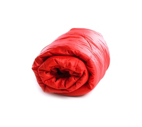 Photo of Rolled sleeping bag on white background. Camping equipment