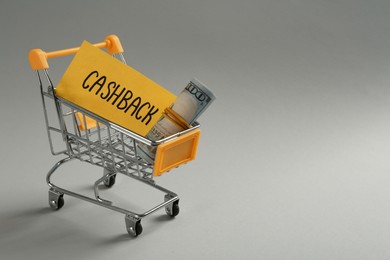 Photo of Card with word Cashback and rolled dollar banknotes in shopping cart on light grey background. Space for text
