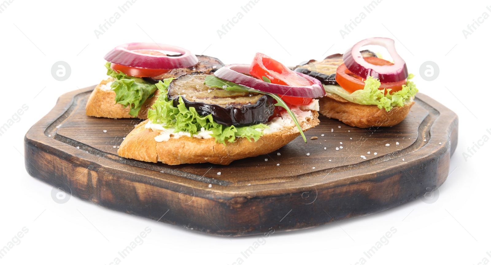 Photo of Delicious fresh eggplant sandwiches on white background