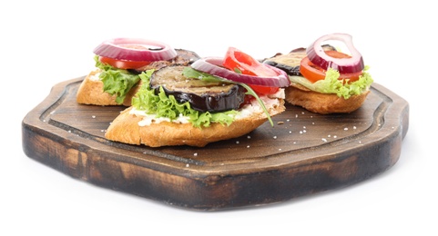 Delicious fresh eggplant sandwiches on white background