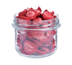 Photo of Freeze dried strawberries in glass jar on white background