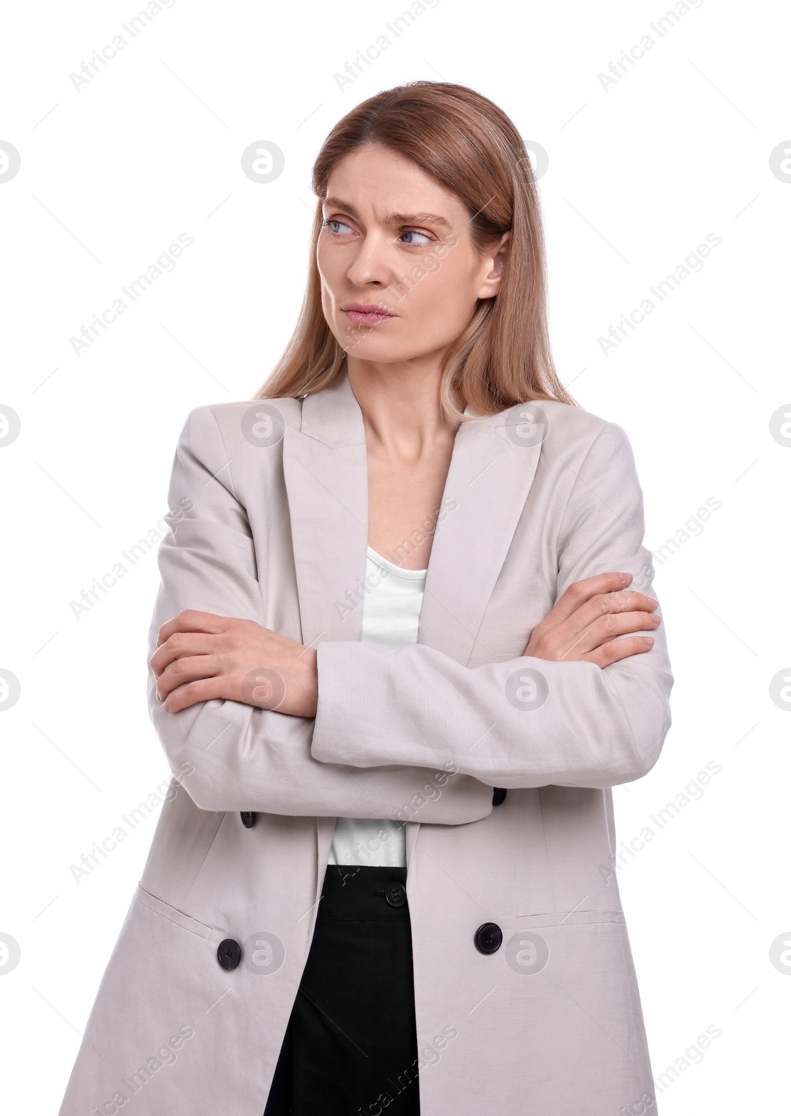 Photo of Beautiful businesswoman crossing arms on white background