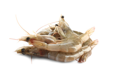 Photo of Fresh raw shrimps isolated on white. Healthy seafood