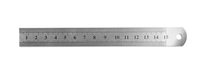 Photo of Metal ruler with measuring length markings in centimeters isolated on white, top view