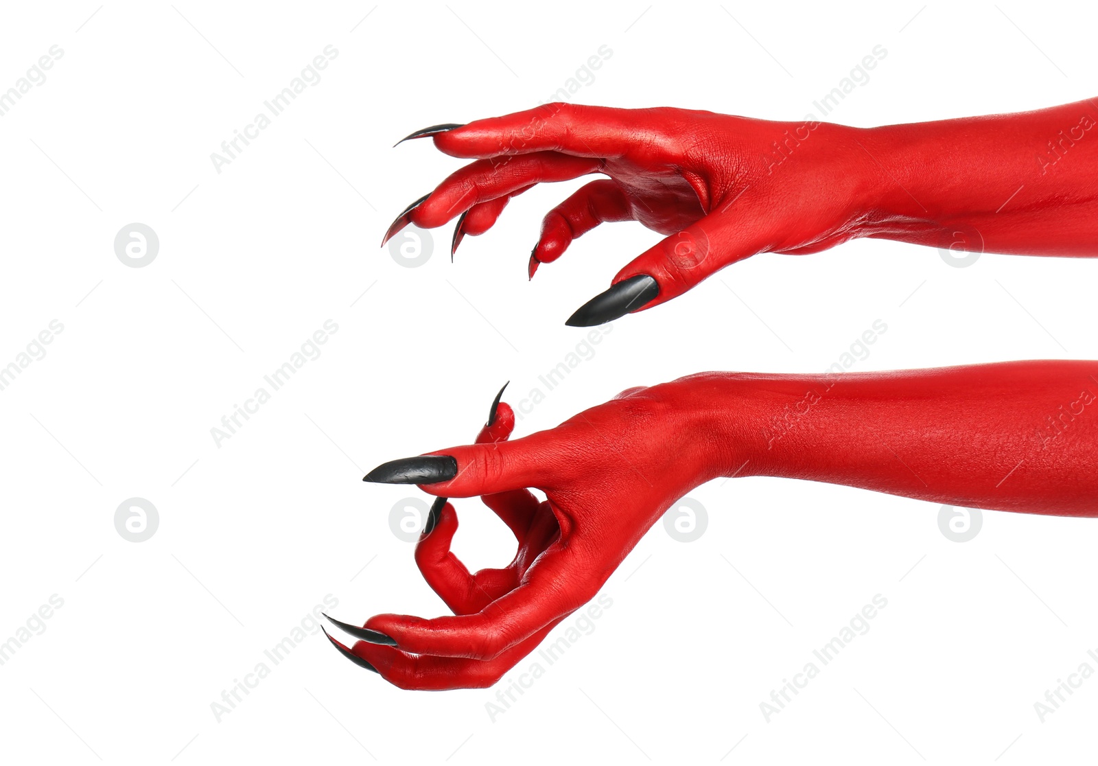 Photo of Scary monster on white background, closeup of hands. Halloween character