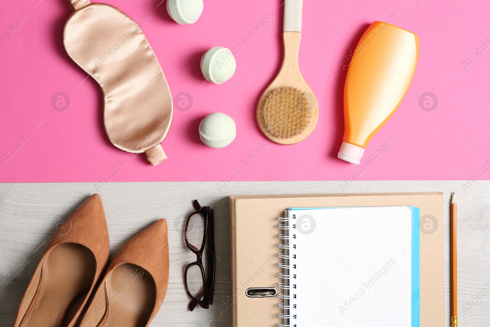 Photo of Flat lay composition with business items and bathroom accessories on color background. Concept of balance between work and life