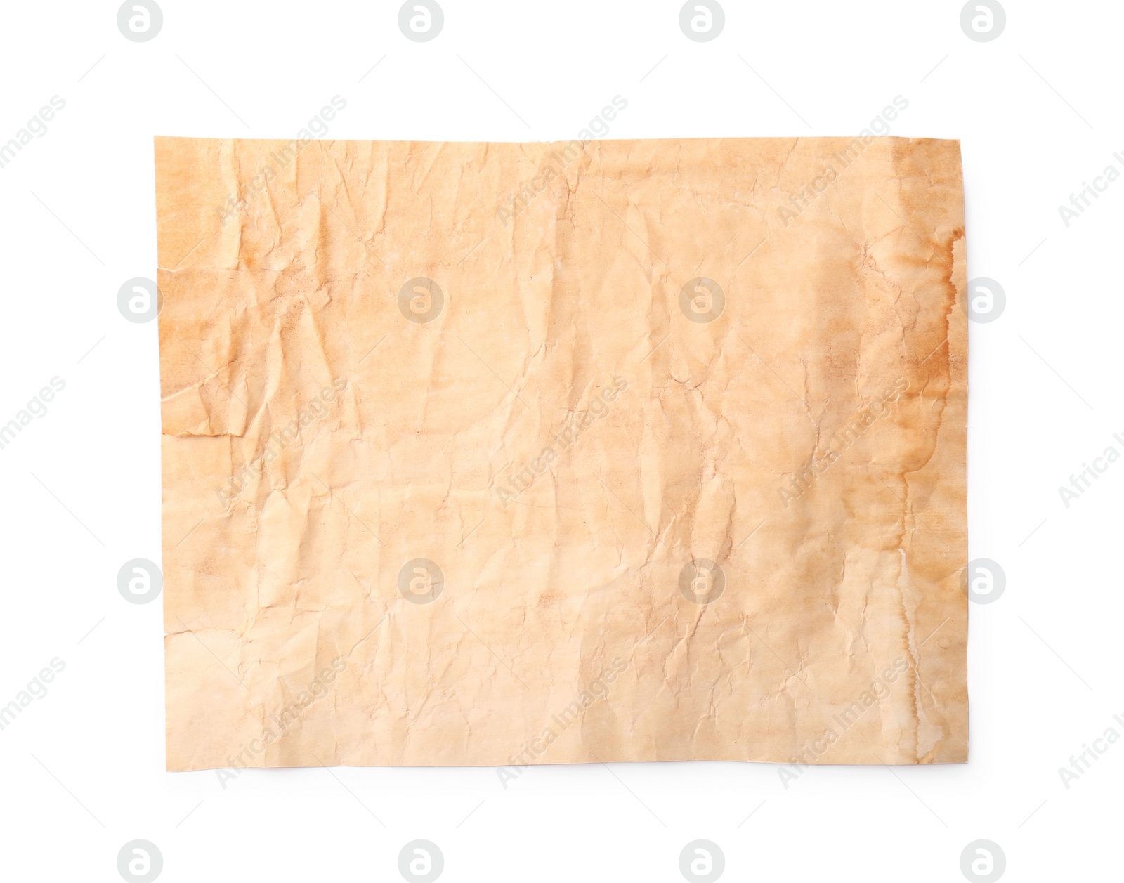 Photo of Sheet of old parchment paper on white background, top view