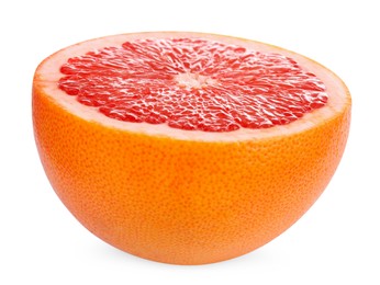 Photo of Halved ripe grapefruit isolated on white. Citrus fruit