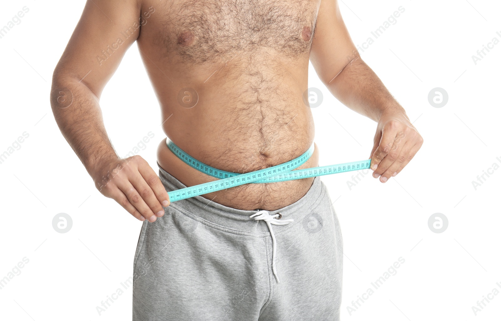 Photo of Overweight man with measuring tape on white background, closeup