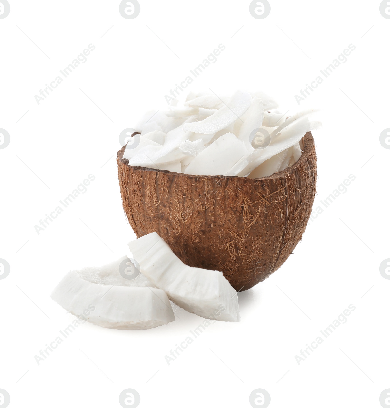 Photo of Coconut with fresh flakes on white background