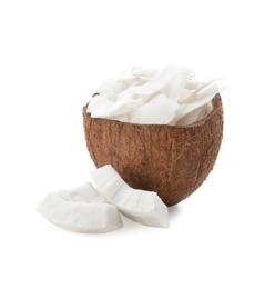 Photo of Coconut with fresh flakes on white background