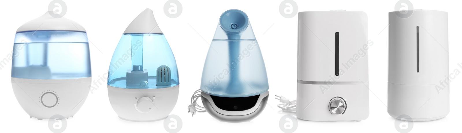 Image of Set of modern air humidifiers on white background