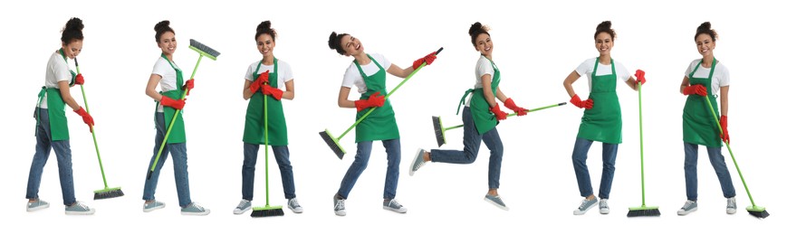 Collage with photos of beautiful African American woman with broom on white background. Banner design