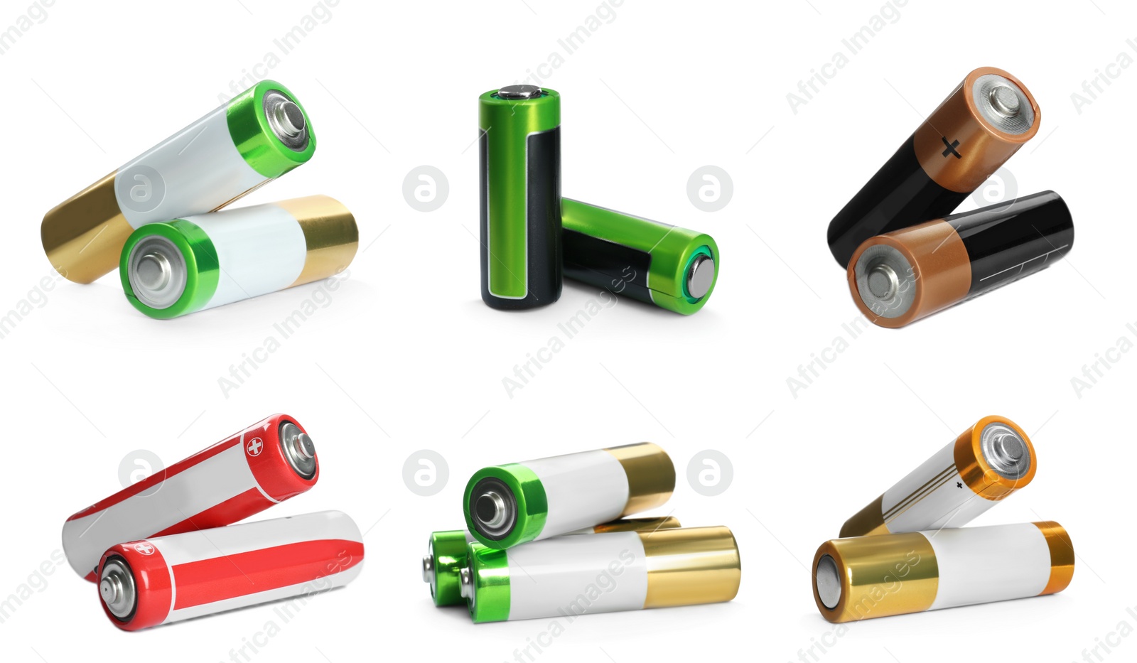 Image of New AA batteries on white background, collage