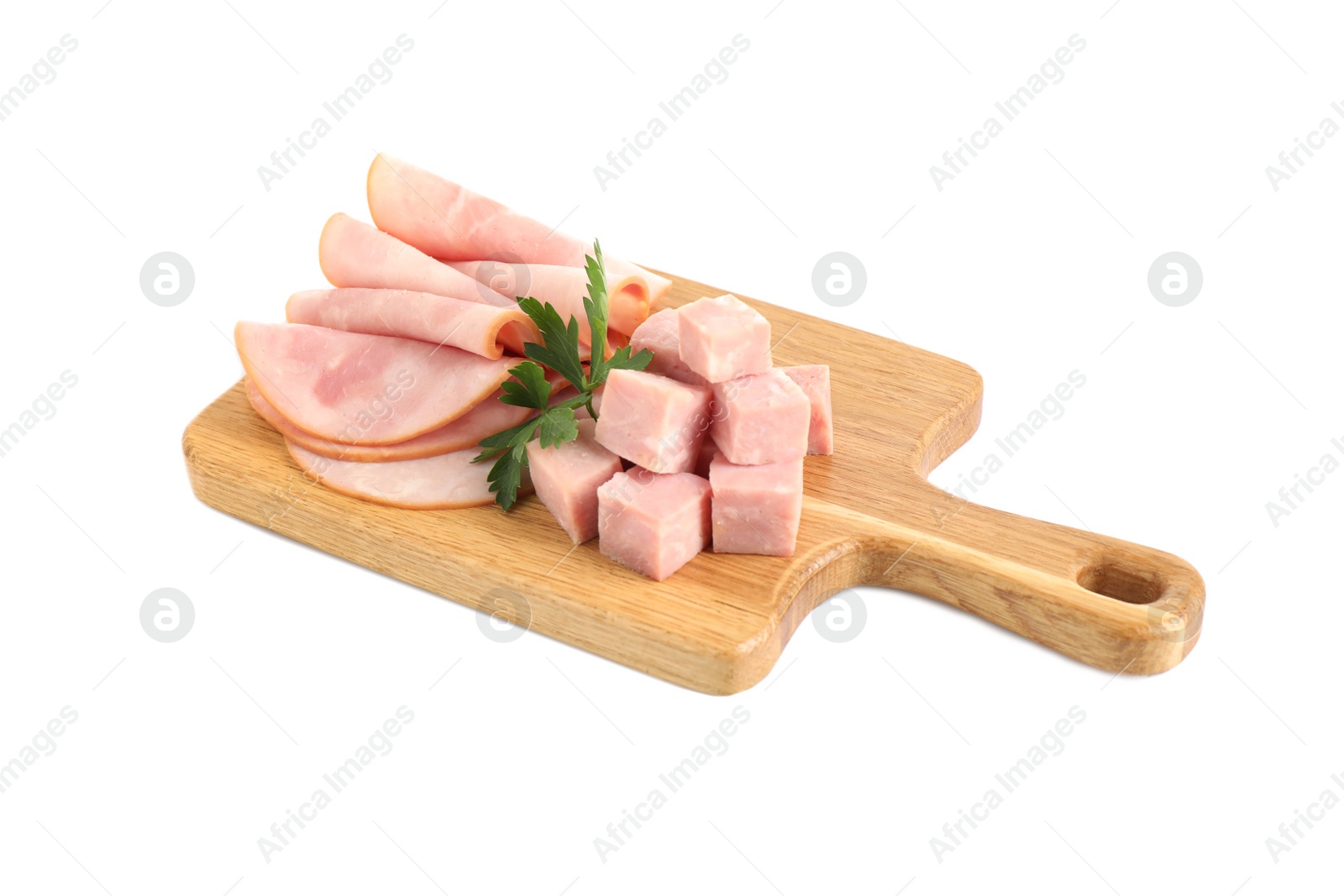 Photo of Slices of tasty fresh ham with parsley isolated on white