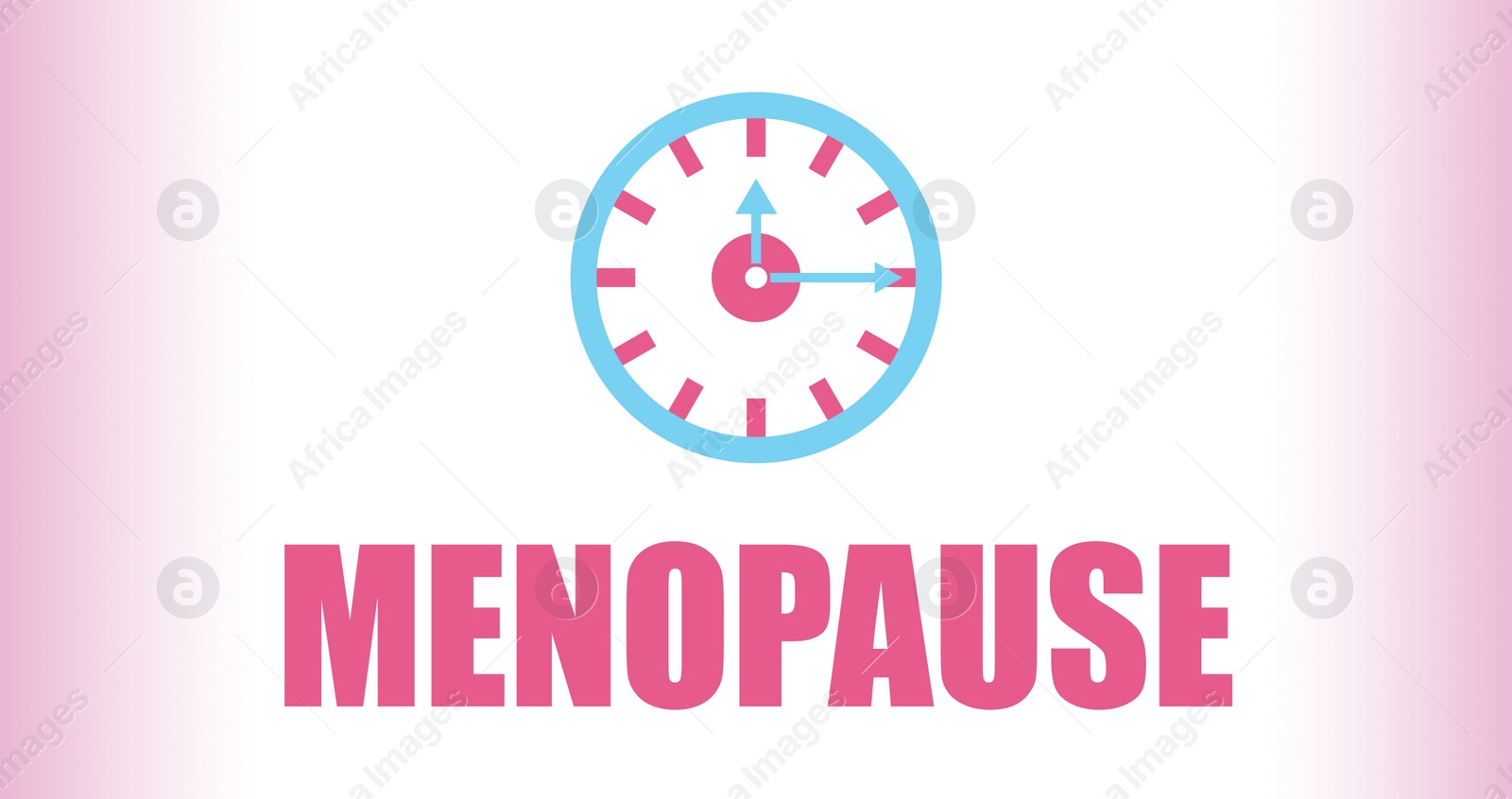 Illustration of Women's health changes. Clock illustration and word Menopause on light pink background, banner design